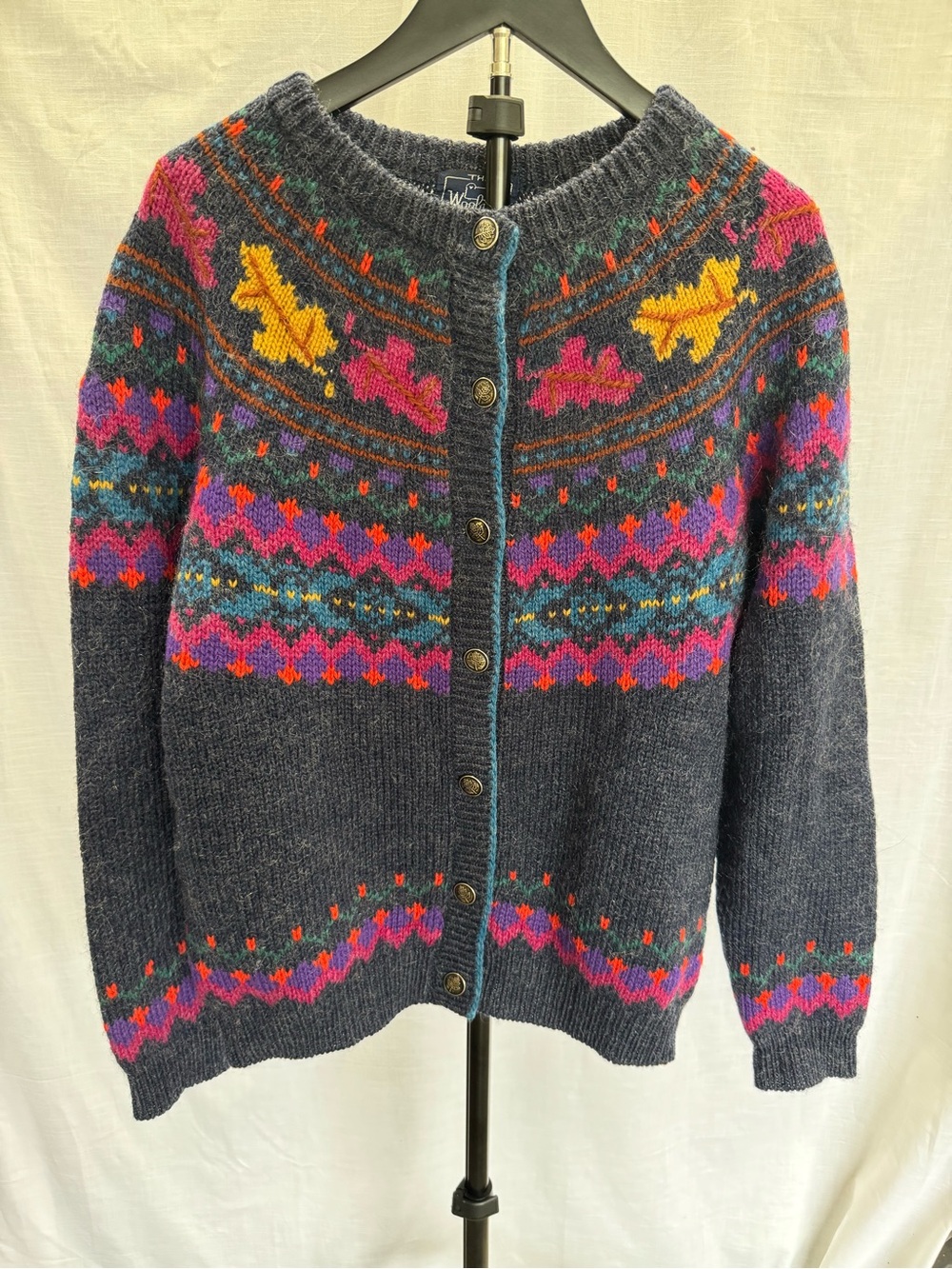 Vintage 80s Woolrich Woman Fair Isle Wool Mohair Cardigan Fall Leaves XL